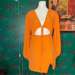 Superdown Orange Selene Open Front Dress V-Neck Long Sleeves Front Tie Size XS